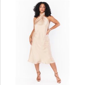 Show Me Your Mumu Jasmine Halter Midi Dress in Champagne Luxe Satin, Size S